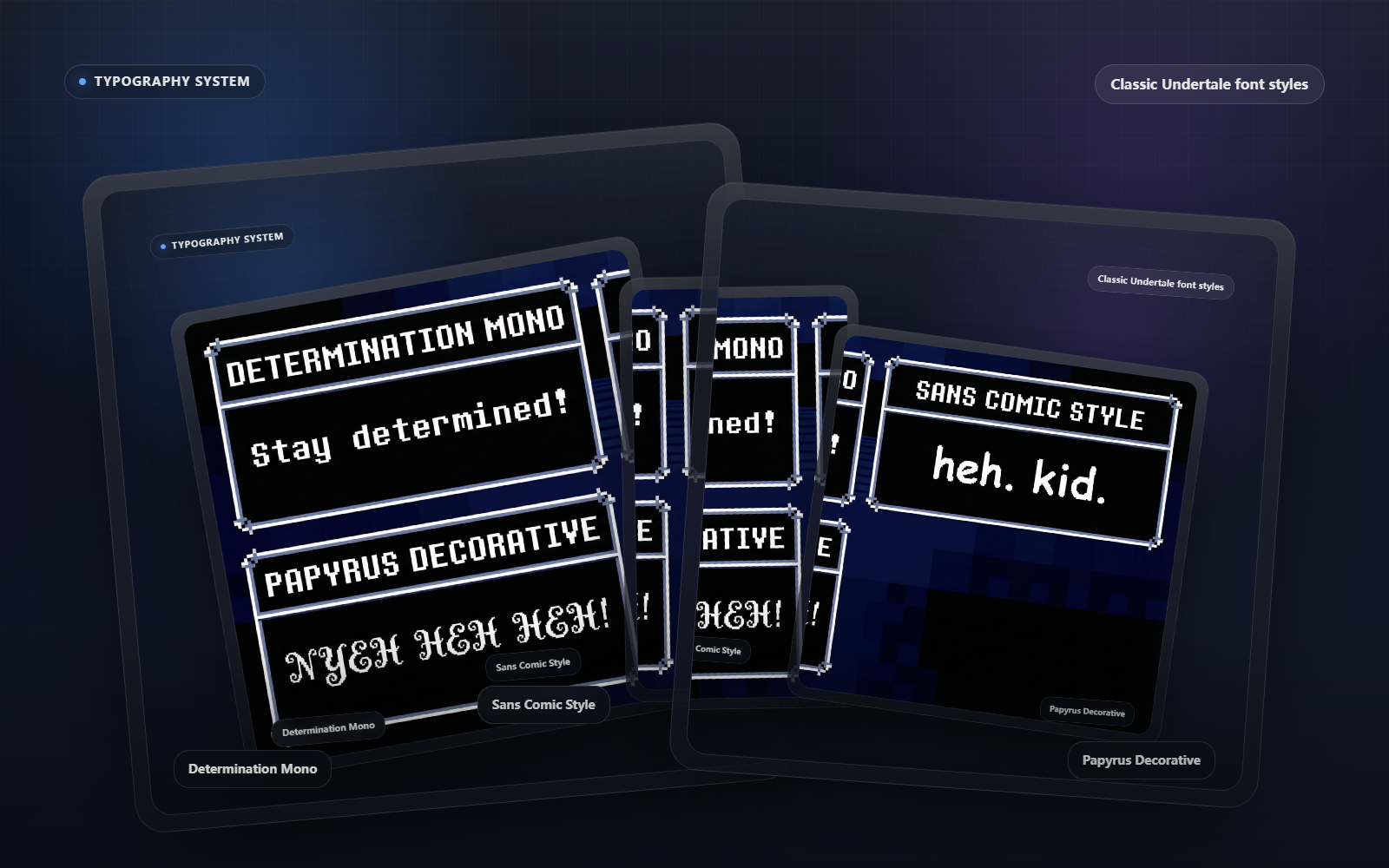 Font style examples from the current text box generator, including Determination Mono and Sans Comic Style
