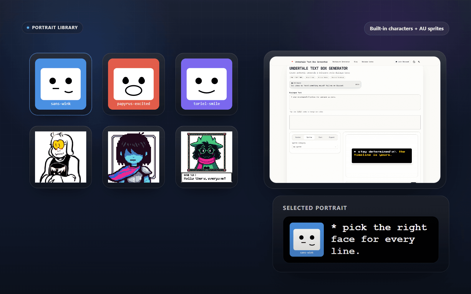 Built-in Undertale portrait options including Sans, Papyrus, Toriel, Flowey, and Frisk