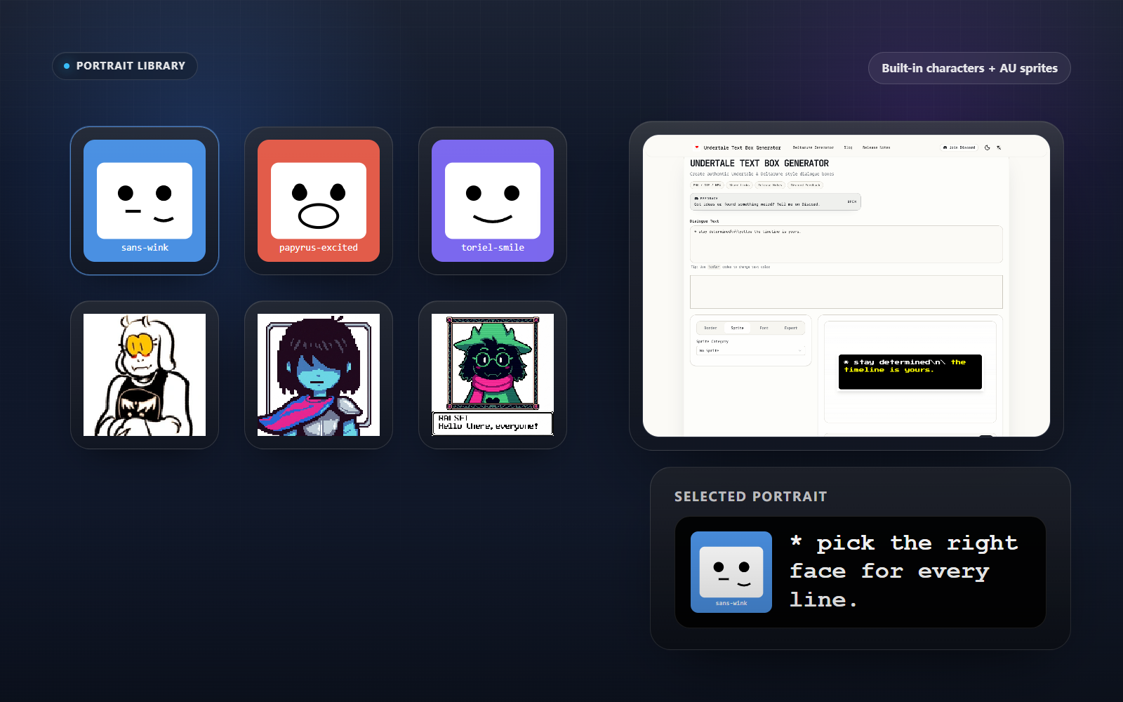 Built-in Undertale portrait options including Sans, Papyrus, Toriel, Flowey, and Frisk