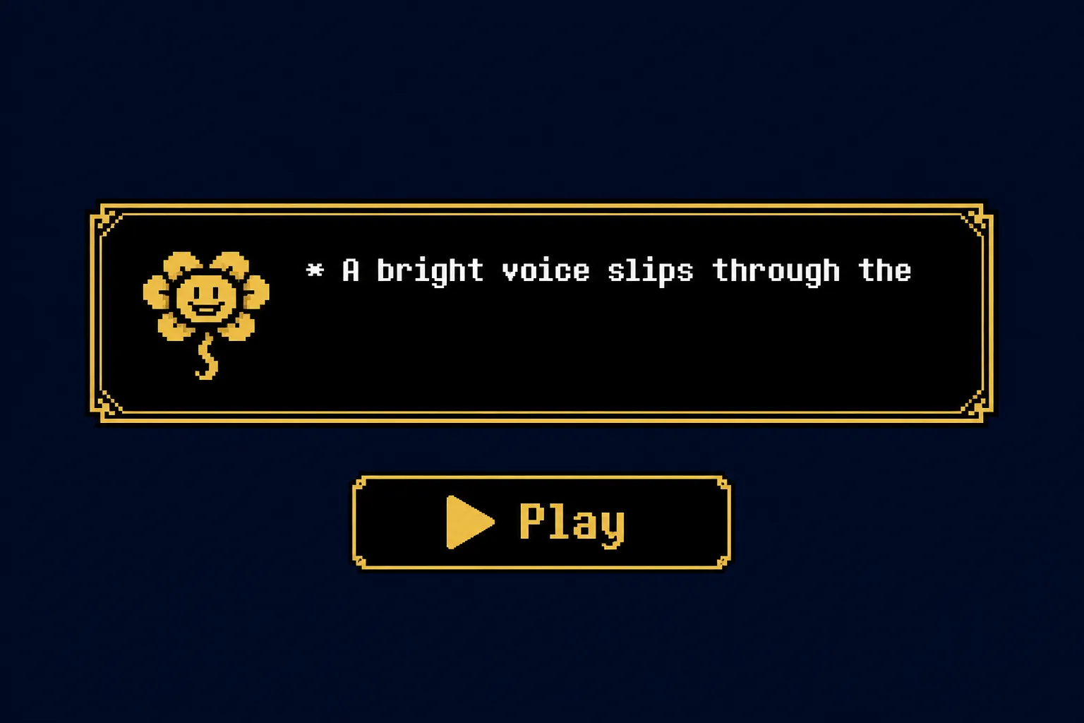 Flowery Dark World text box mid typewriter reveal with a Play control