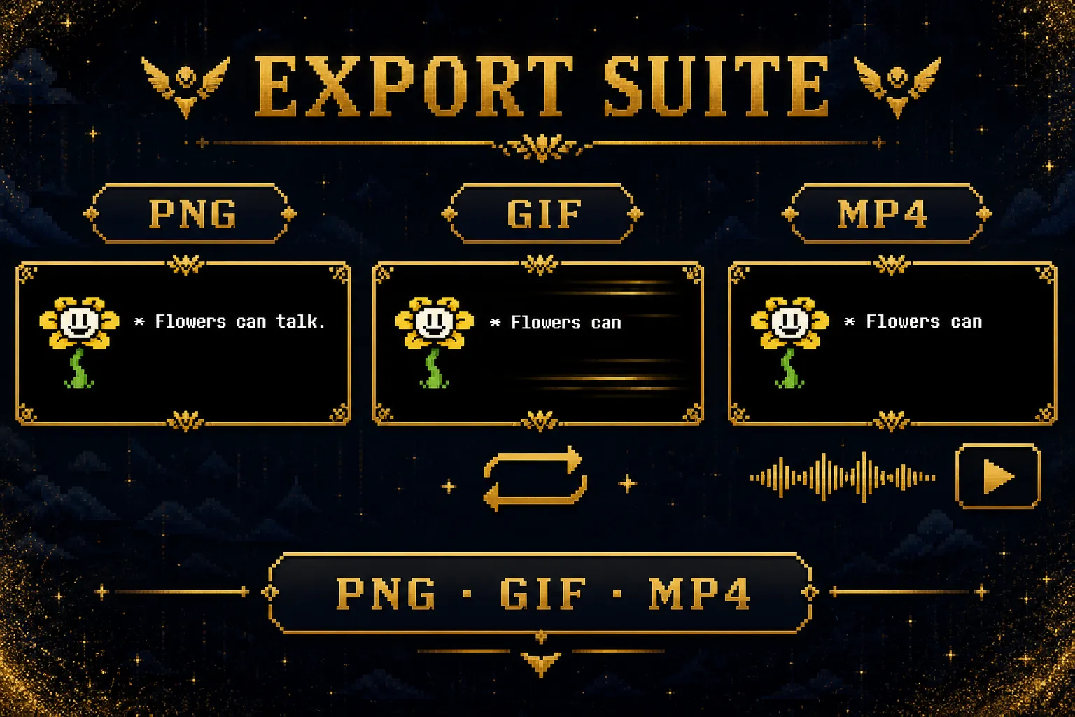 The same Flowery scene exported as PNG, GIF, and MP4