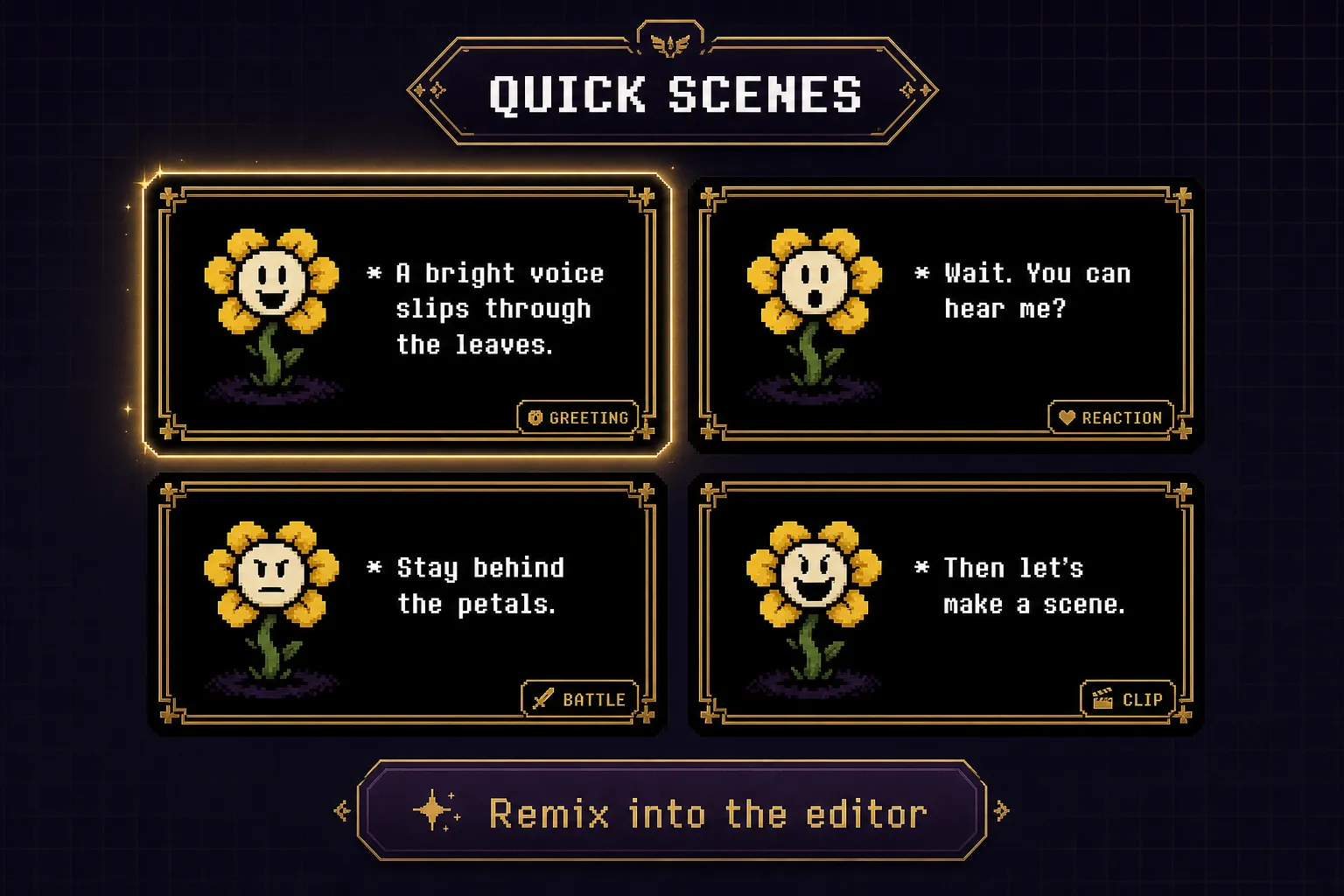 Four remixable Flowery scenes: greeting, reaction, battle, and clip